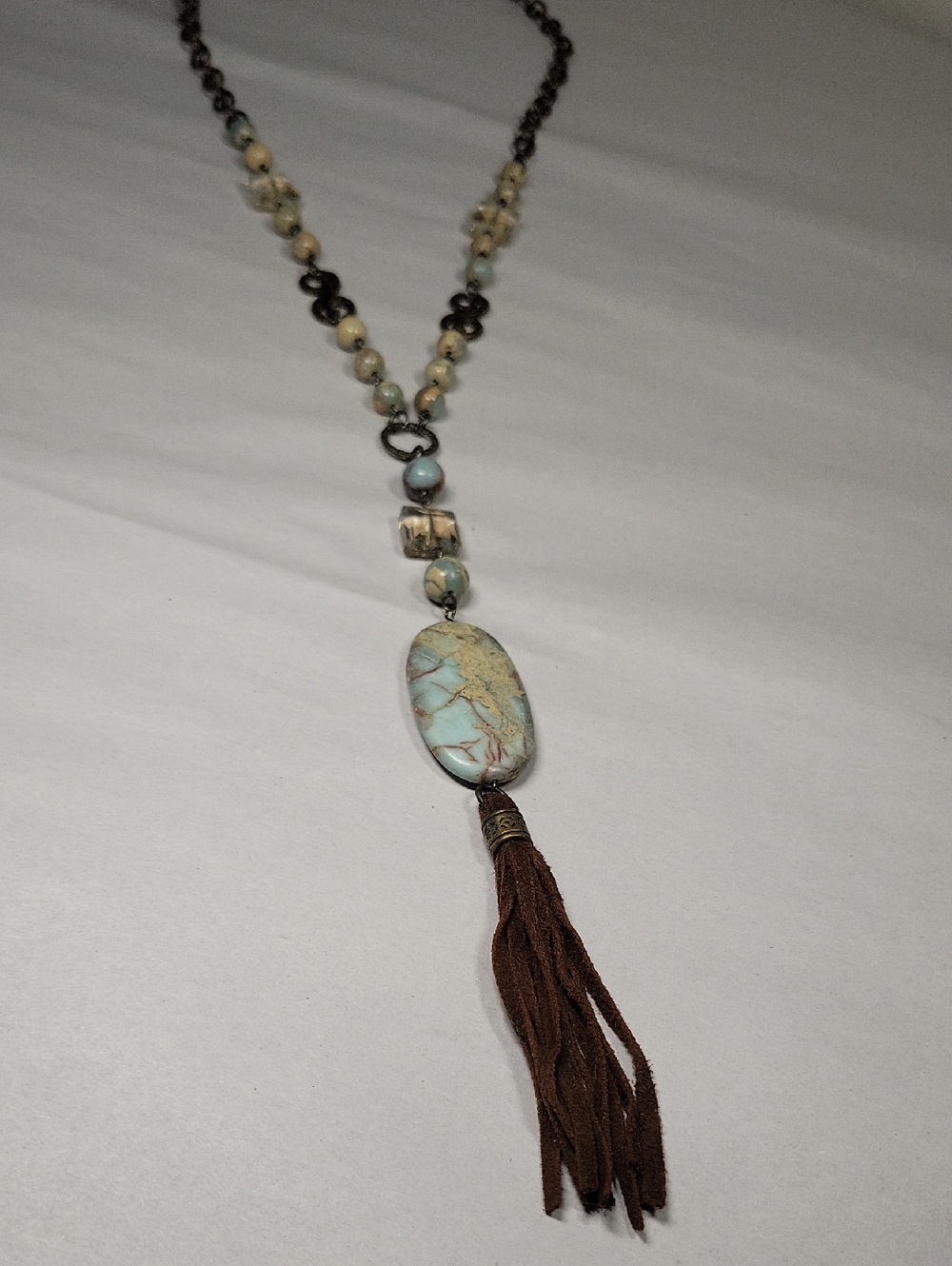 Carol Su Boho Blue Cream and Brown Oval Stone Tassel Necklace - Picture 2 of 15